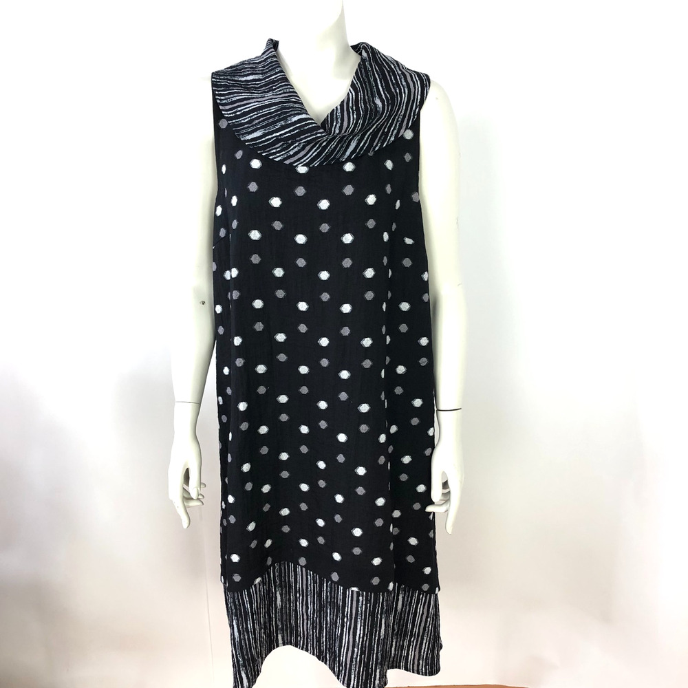 Habitat Medium Women's Shawl Collar Sleeveless Rayon Dress Polka Dot Black MINT